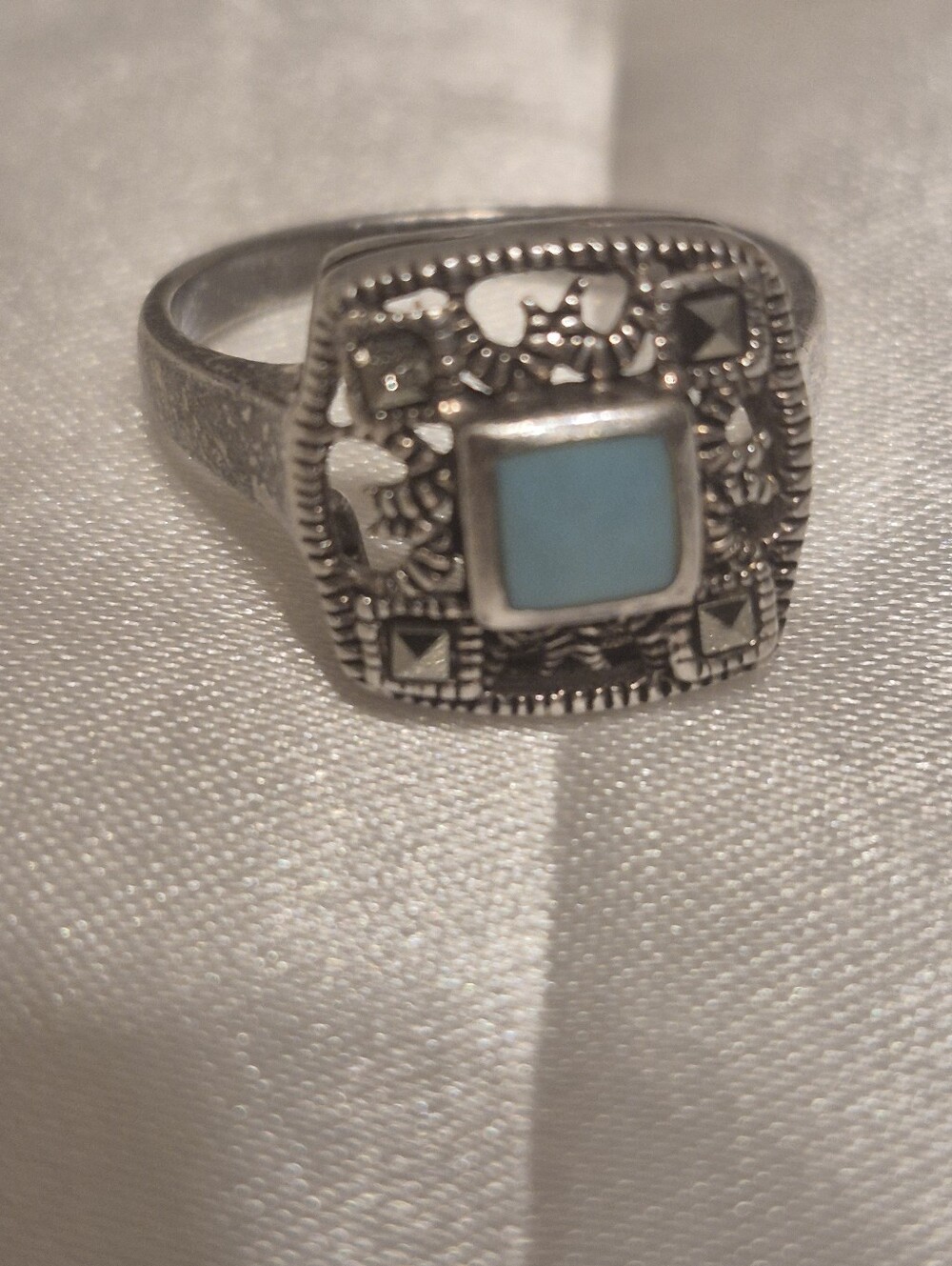 Vintage Victorian Turquoise And Marcasite Square Ring